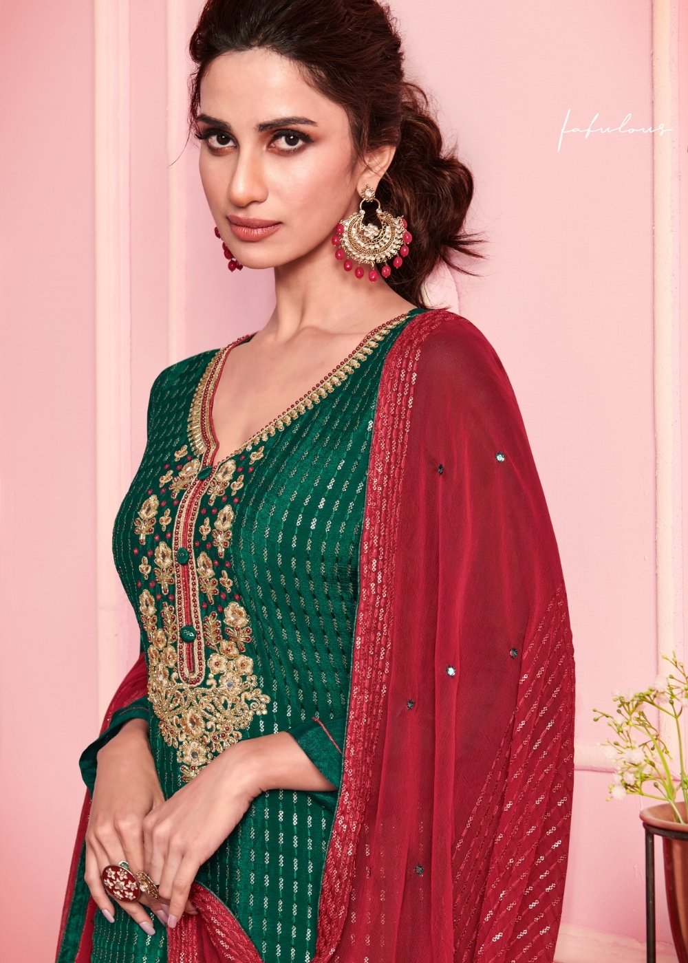 Jungle Green Georgette Salwar Suit with Thread & Zari Embroidery work - qivii