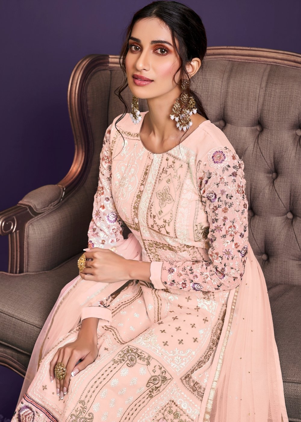 Lemonade Pink Georgette Salwar Suit with Thread, Zari & Sequence work - qivii