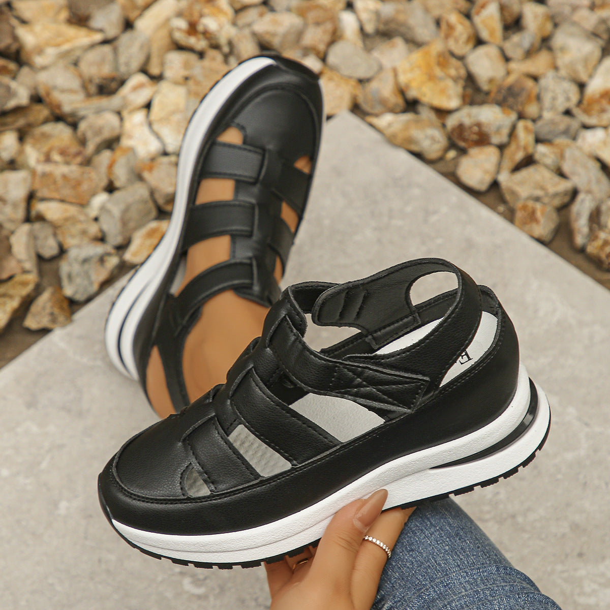 Women's Plus Size Hollow-Out Casual Sandals – Versatile Thin Platform with Height-Boosting Thick Sole