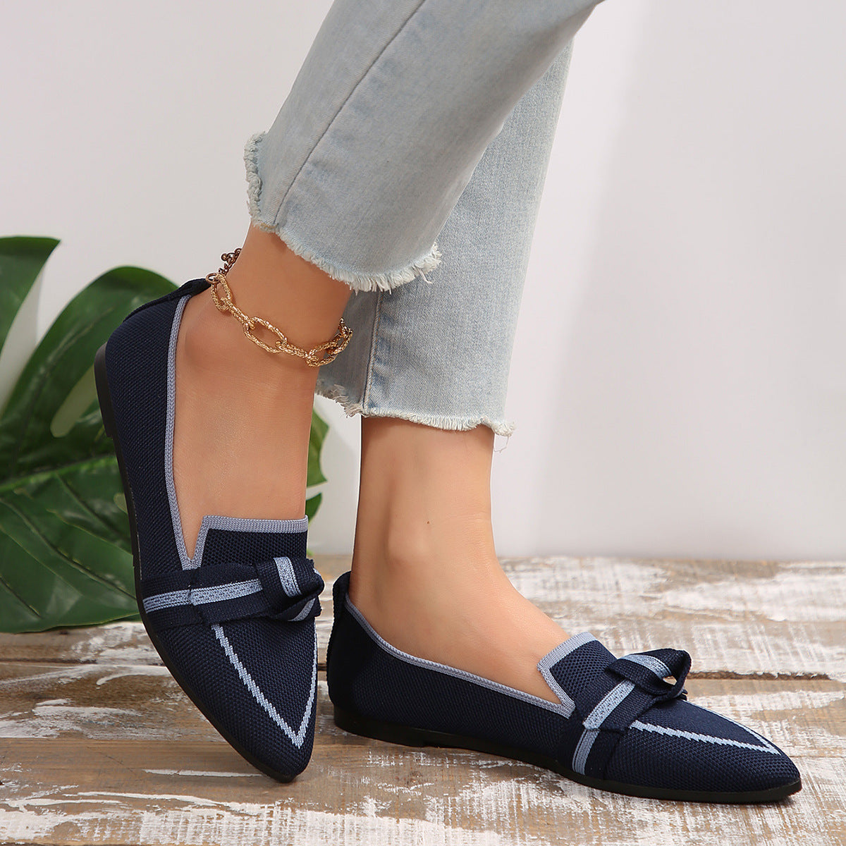 Women's Plus Size Knit Flat Loafers - Slip-On Bowknot Shallow Cut Lazy Work Shoes