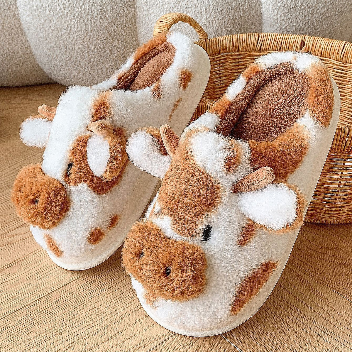 Women's Bessie Cow Plush Slippers - Cute Cow Face Winter House Shoes with Non-Slip Sole (US 5-11)