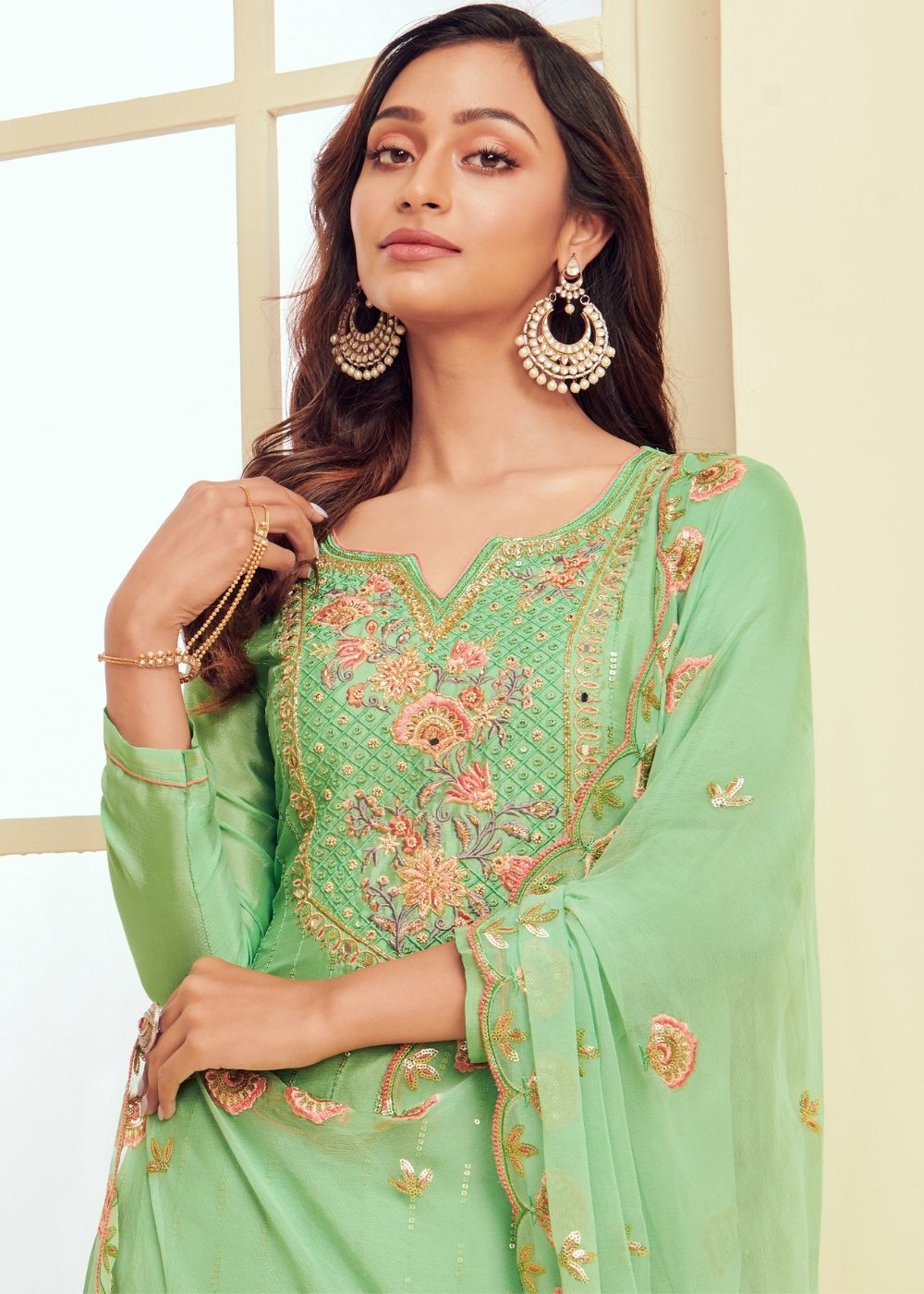 Seafoam Green Georgette Salwar Suit with Thread & Zari Embroidery work - qivii