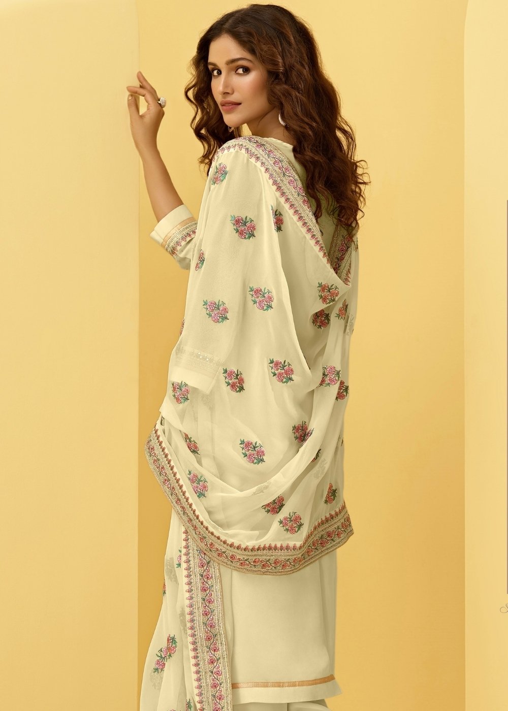 Light Yellow Georgette Salwar Suit with Thread, Zari & Cording Embroidery work - qivii