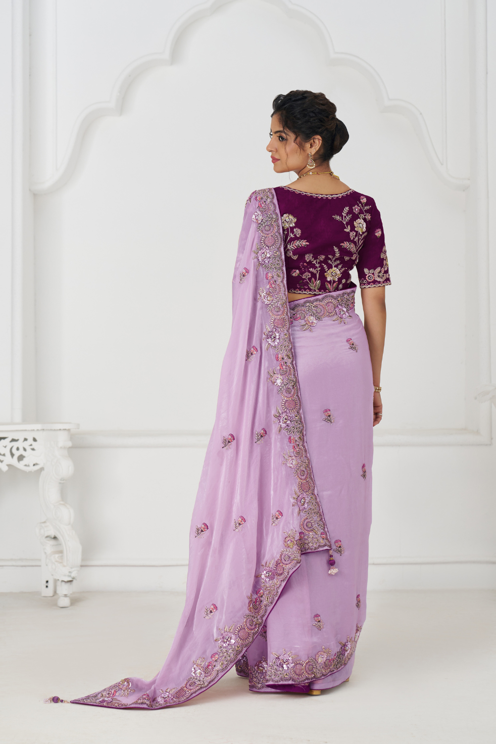 Mauve Color Saree In Zari & Sequin Work On Luxurious Fendi Fabric - qivii