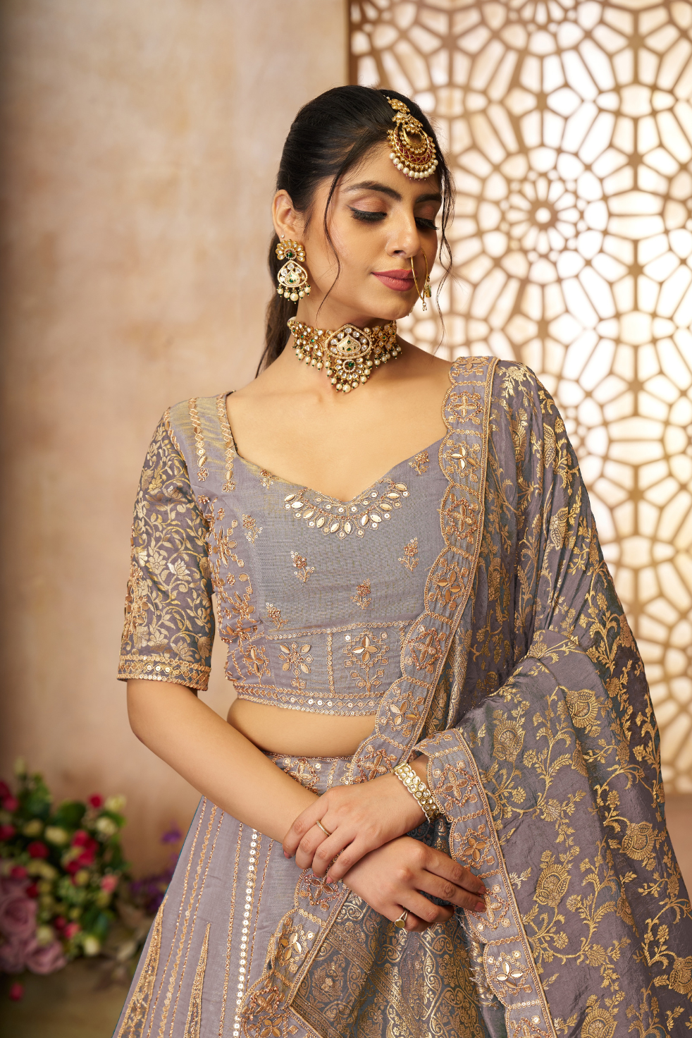 Onion Brocade Bridal Lehenga with Banarasi Patches and Zari Panel Work - qivii