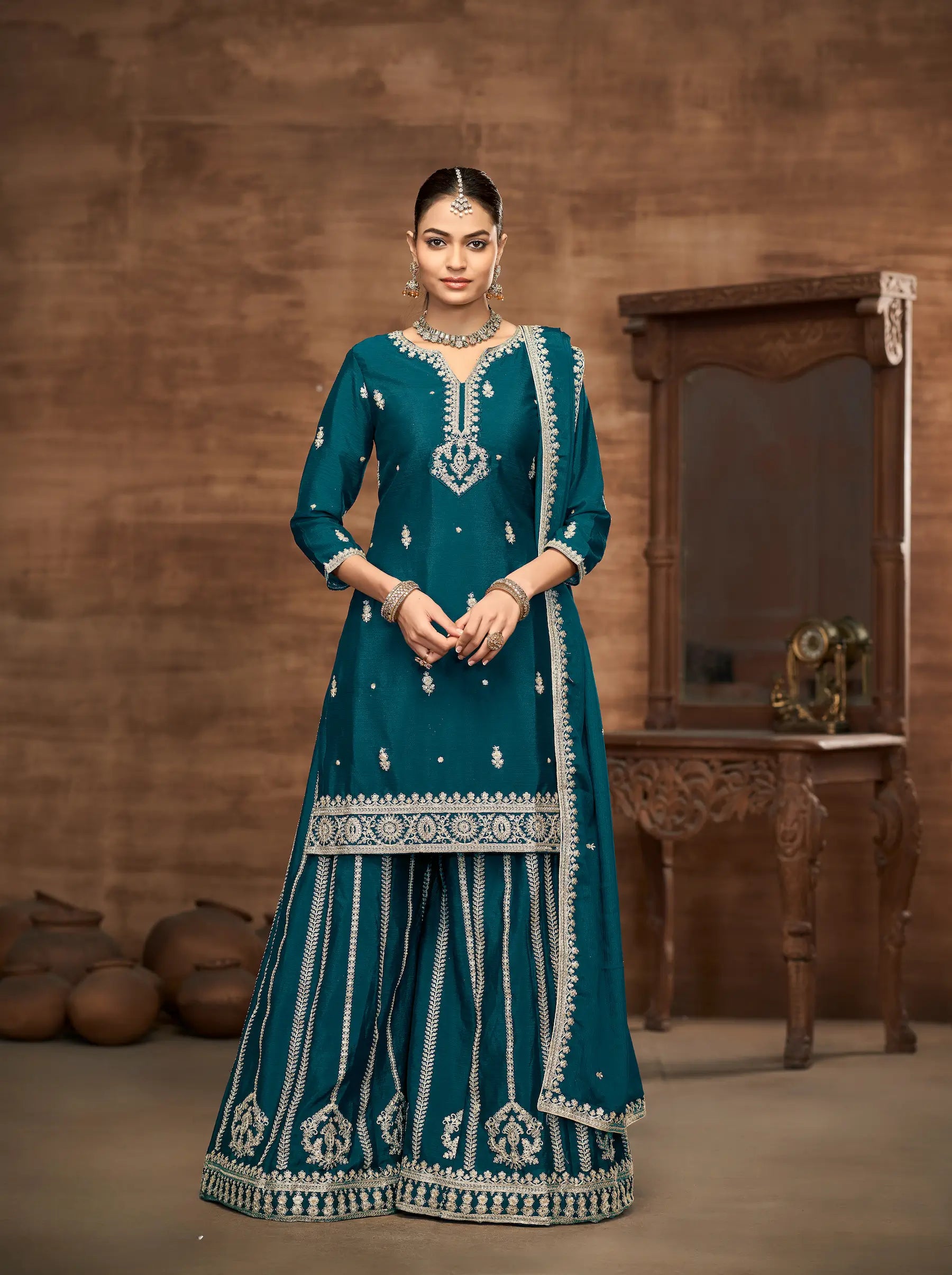 Teal Blue Chinon Palazzo Salwar Suit With Thread & Sequins Embroidery Work - qivii