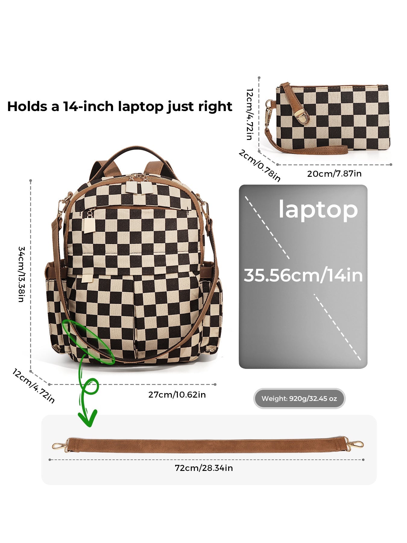 Ounamei Checkered Backpack Purse for Women | Anti-Theft Travel & Work Bag with Matching Pouch