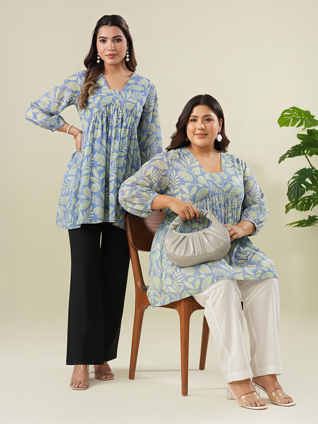 Plus Size Blue Georgette Tropical Printed A-line Tunic - qivii