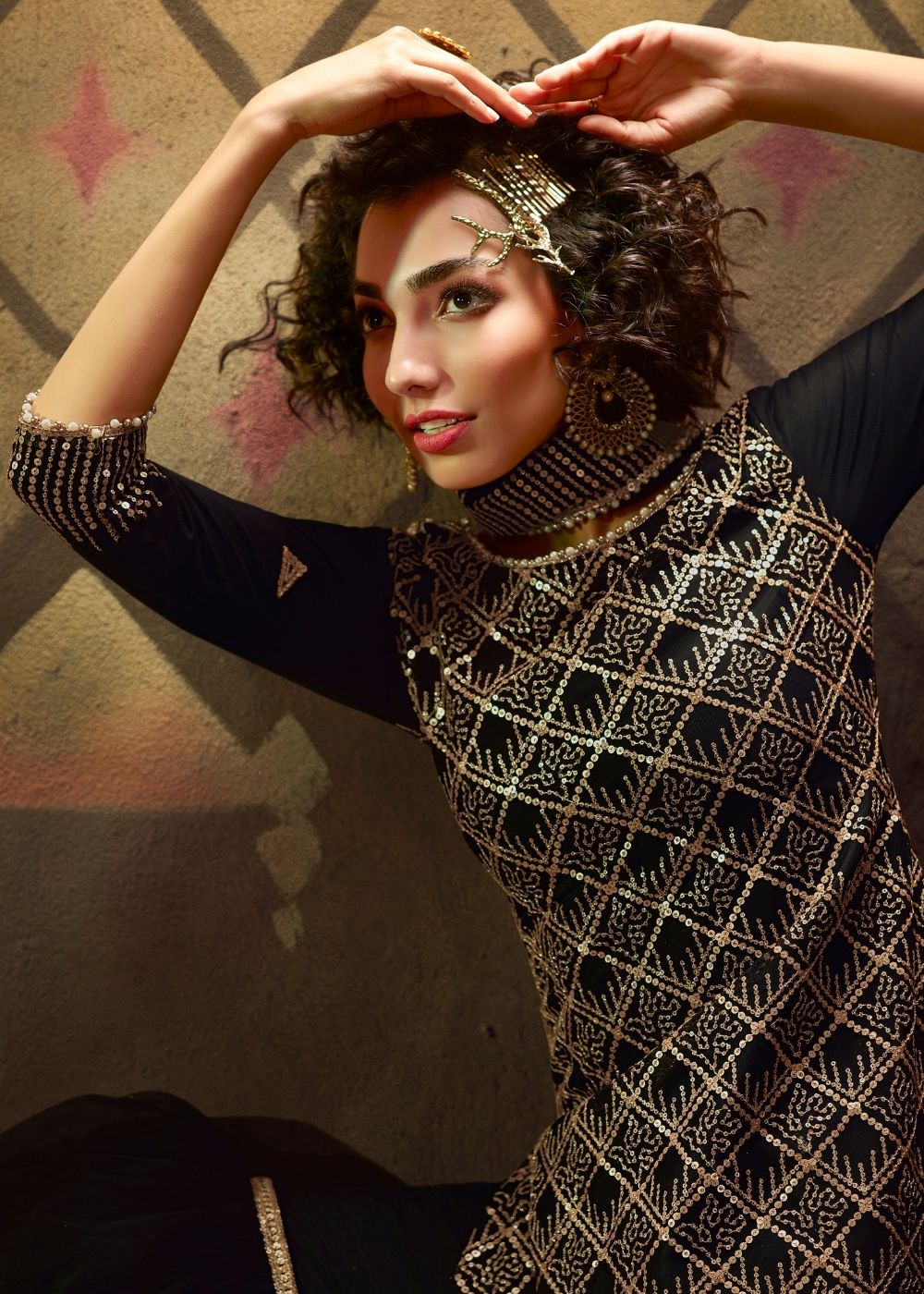 Midnight Black Designer Soft Net Sharara Suit with overall Sequins work - qivii