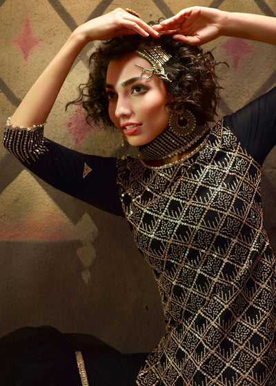 Midnight Black Designer Soft Net Sharara Suit with overall Sequins work By Qivii