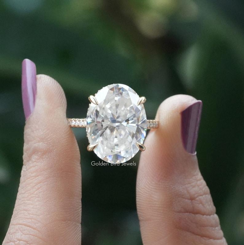 10ct Oval Cut Moissanite Hidden Halo Ring / Yellow Gold - Stunning Engagement Ring Beautiful Gift for Her - qivii