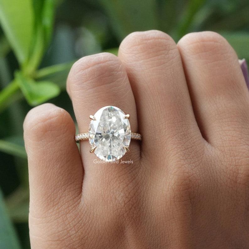 10ct Oval Cut Moissanite Hidden Halo Ring / Yellow Gold - Stunning Engagement Ring Beautiful Gift for Her - qivii