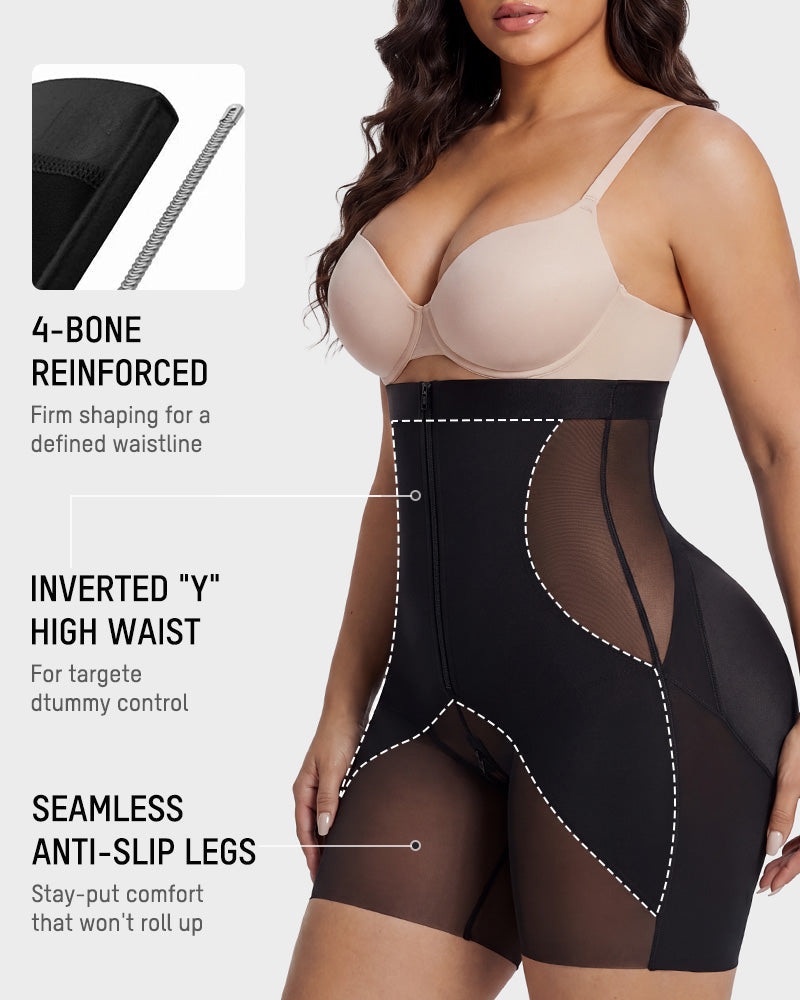 High Waist Zipper Tummy Control Butt Lifting Mid Thigh Mesh Shapewear Shorts