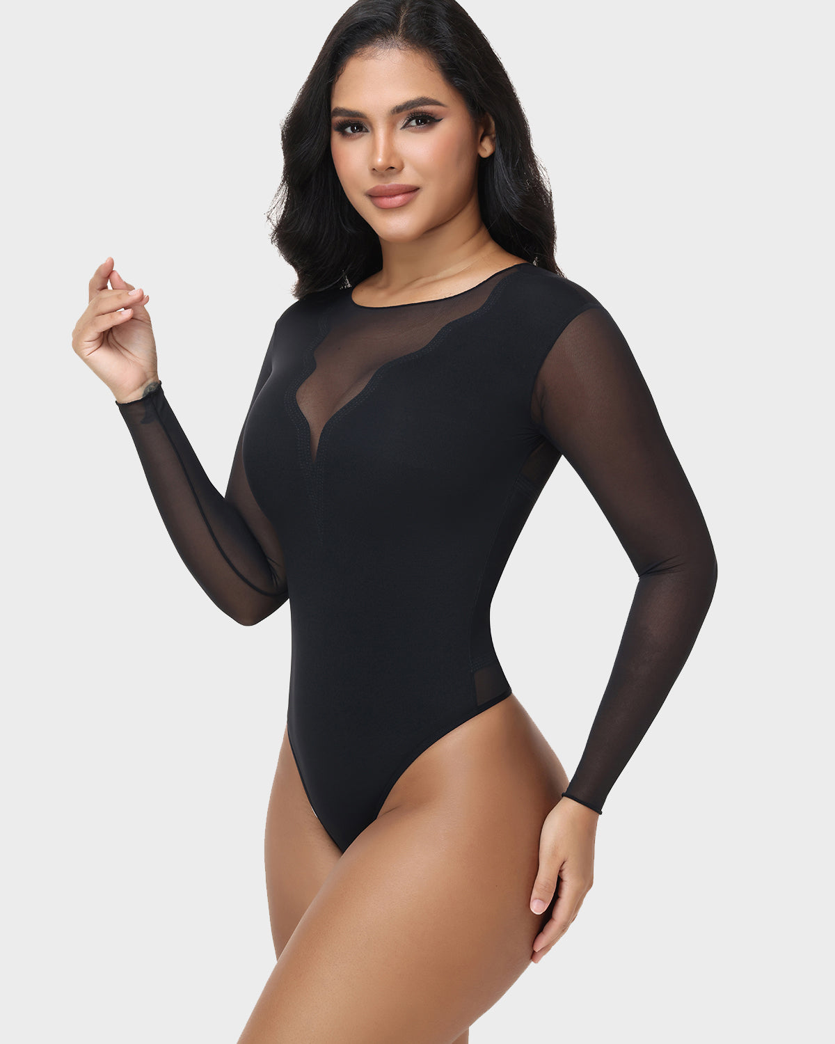 Sheer Mesh Long Sleeve Tummy Control Thong Shaping Bodysuit