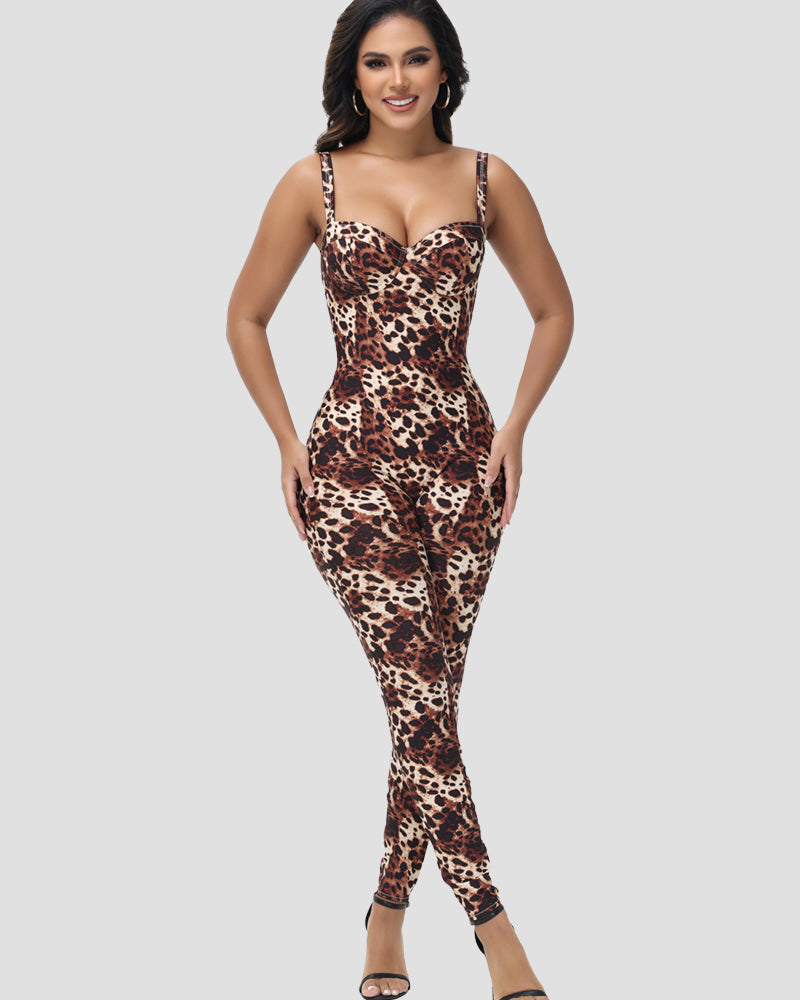 Shapshe® Sexy Leopard Print Suspenders Jumpsuit Built in Bra - By Qivii