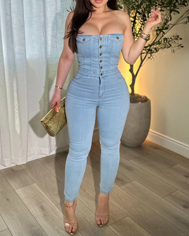 Stylish Single Breasted Bandeau Slim Fit Skinny Denim Jumpsuit - By Qivii