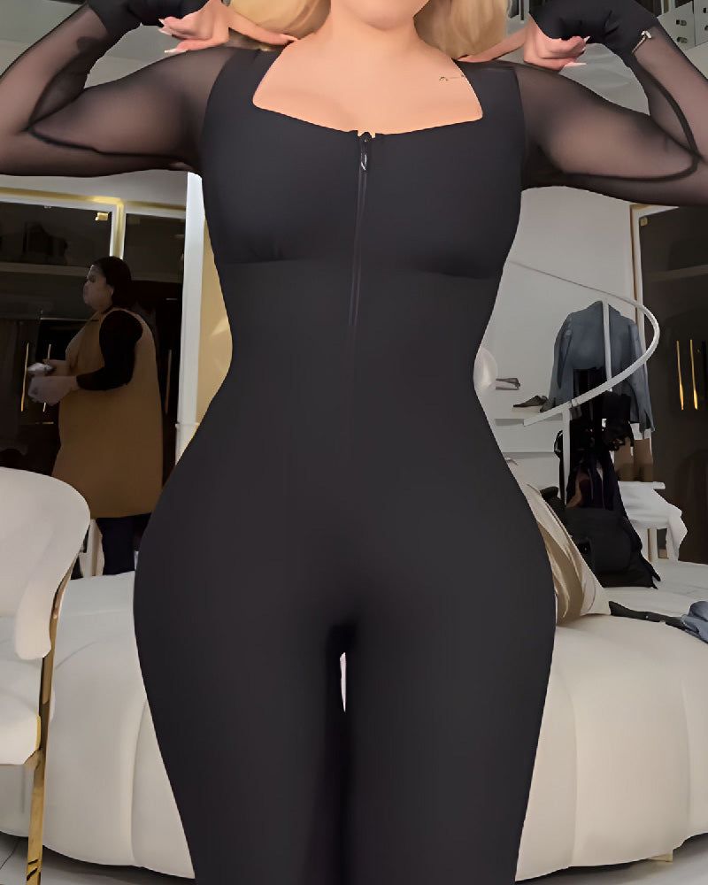 Slim Fit Stretch Full Body Shaper Long Mesh Sleeve Shapewear