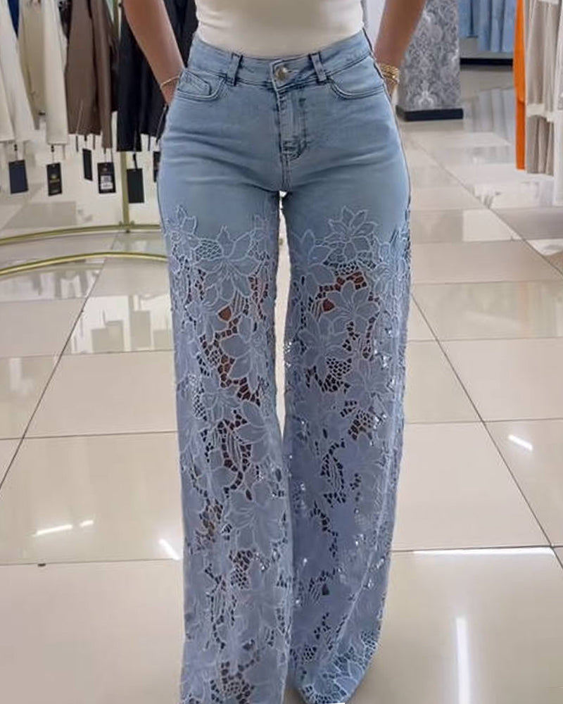 Shapshe® Cut out Floral Denim with Lace Wide Leg Jeans for Women - By Qivii