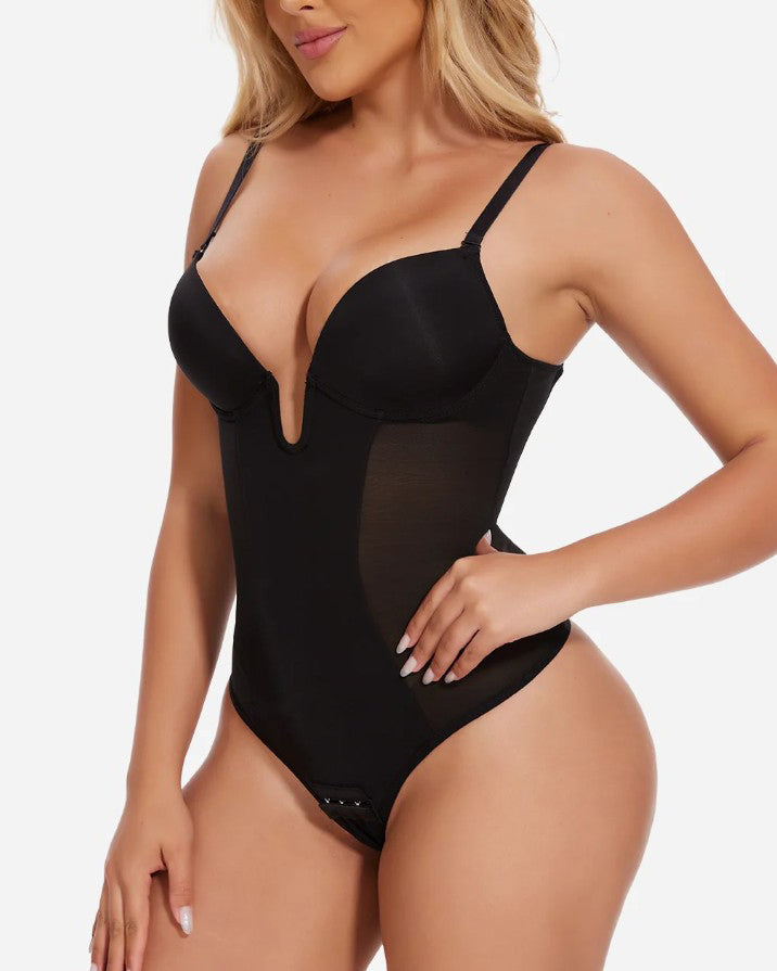 Sexy Plunge Neck Backless Mesh Panel Shapewear Thong Bodysuit