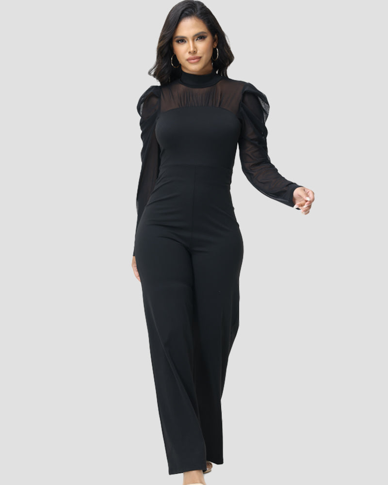 Women's Sheer Mesh Stand Collar Slimming Wide Leg Jumpsuit - By Qivii