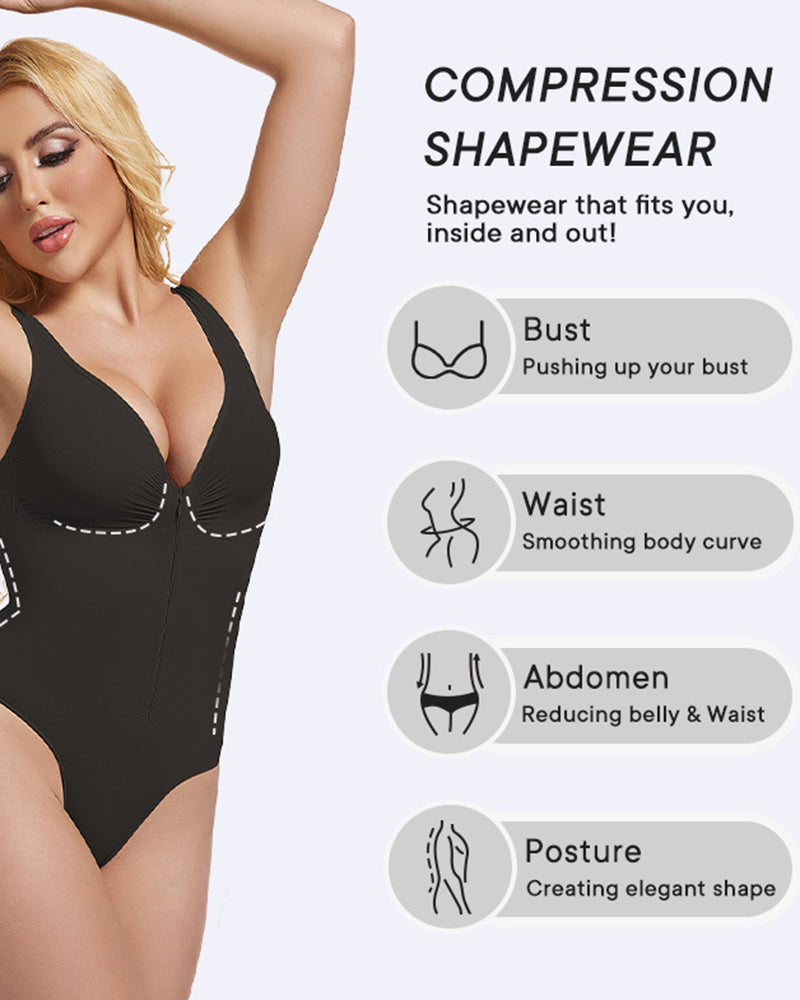 Deep V Seamless Backless Triangle Shapewear Bodysuit with Front Zipper