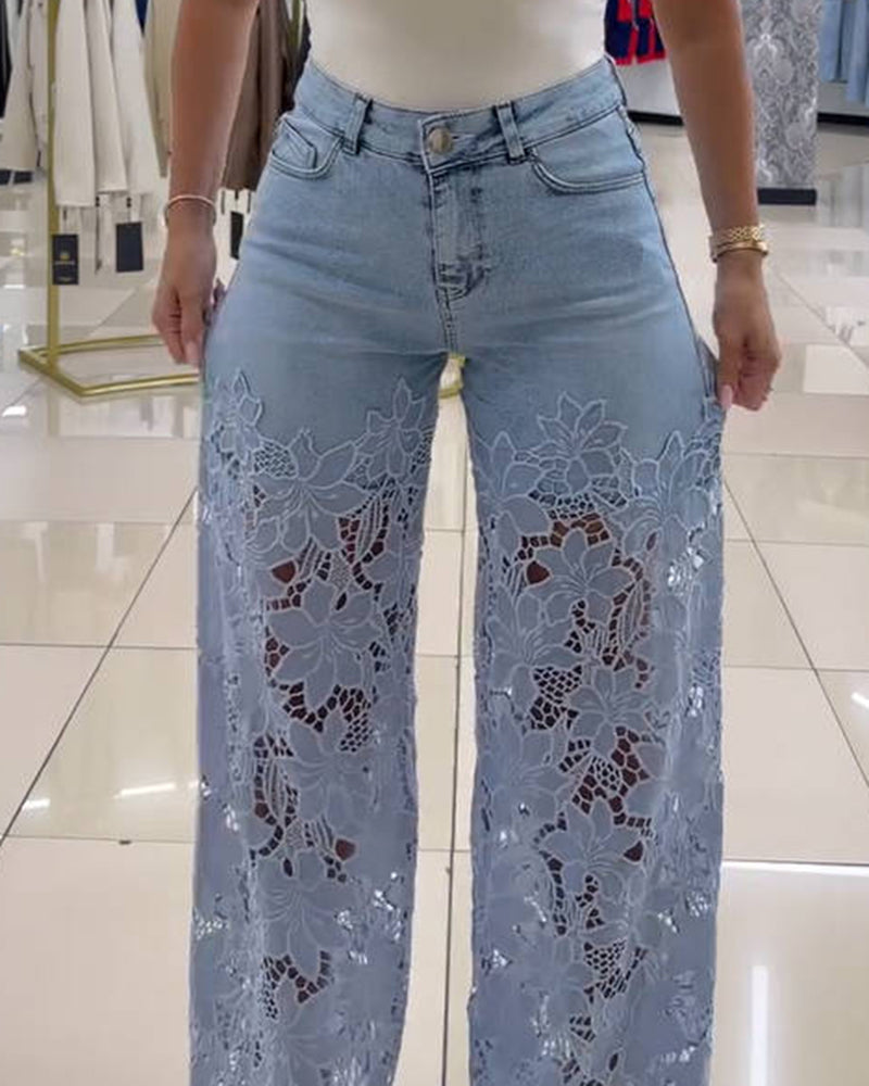 Shapshe® Cut out Floral Denim with Lace Wide Leg Jeans for Women - By Qivii
