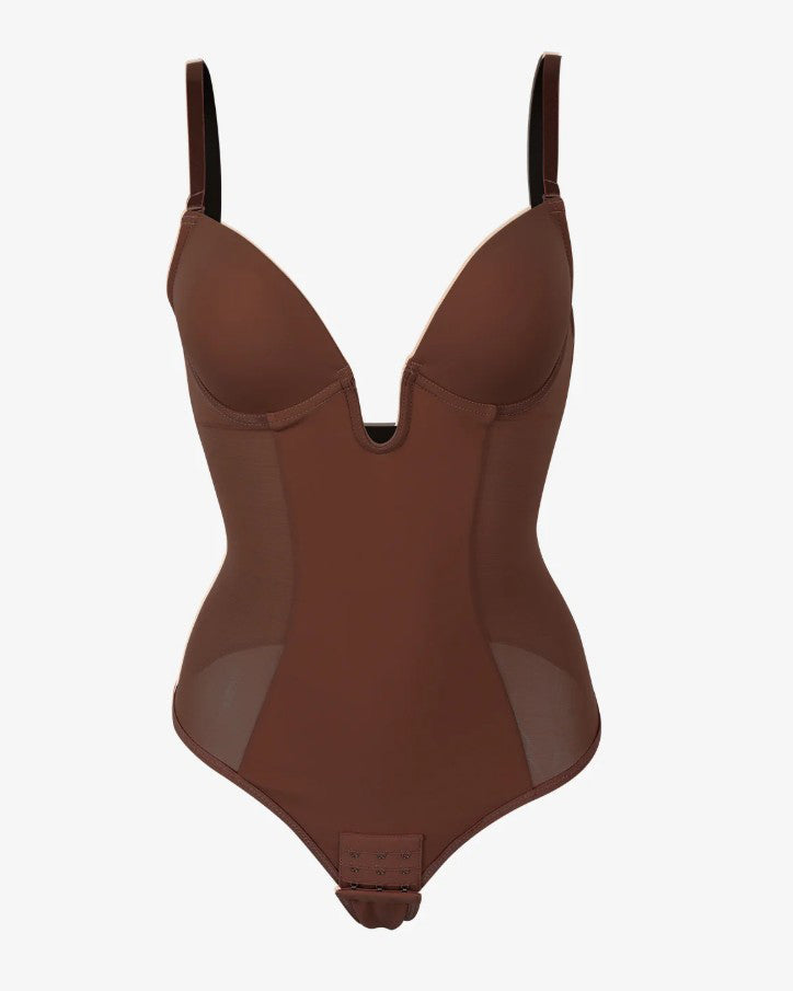 Sexy Plunge Neck Backless Mesh Panel Shapewear Thong Bodysuit