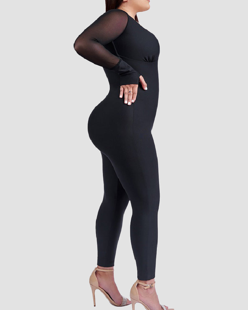Slim Fit Stretch Full Body Shaper Long Mesh Sleeve Shapewear