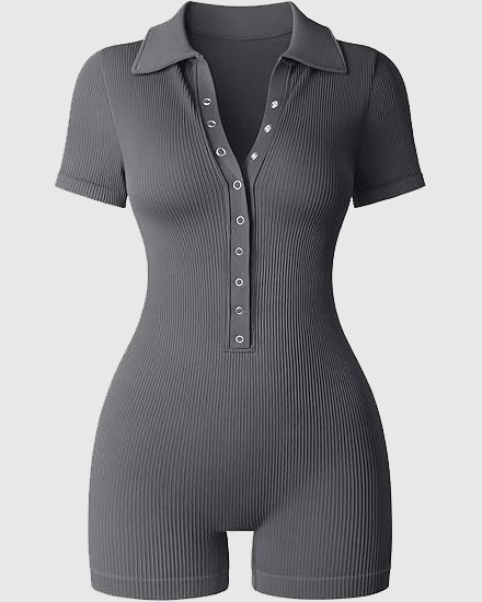 Ribbed Polo Collar Half Snap Front Short Sleeve Bodycon Romper - By Qivii