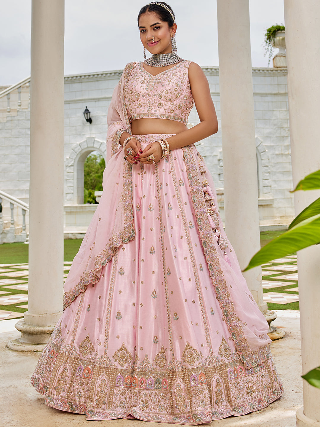 Pink- Silk Fabric Beads & Sequince Embroidered Semi-Stitched Lehenga & Unstitched Blouse With Dupatta - qivii