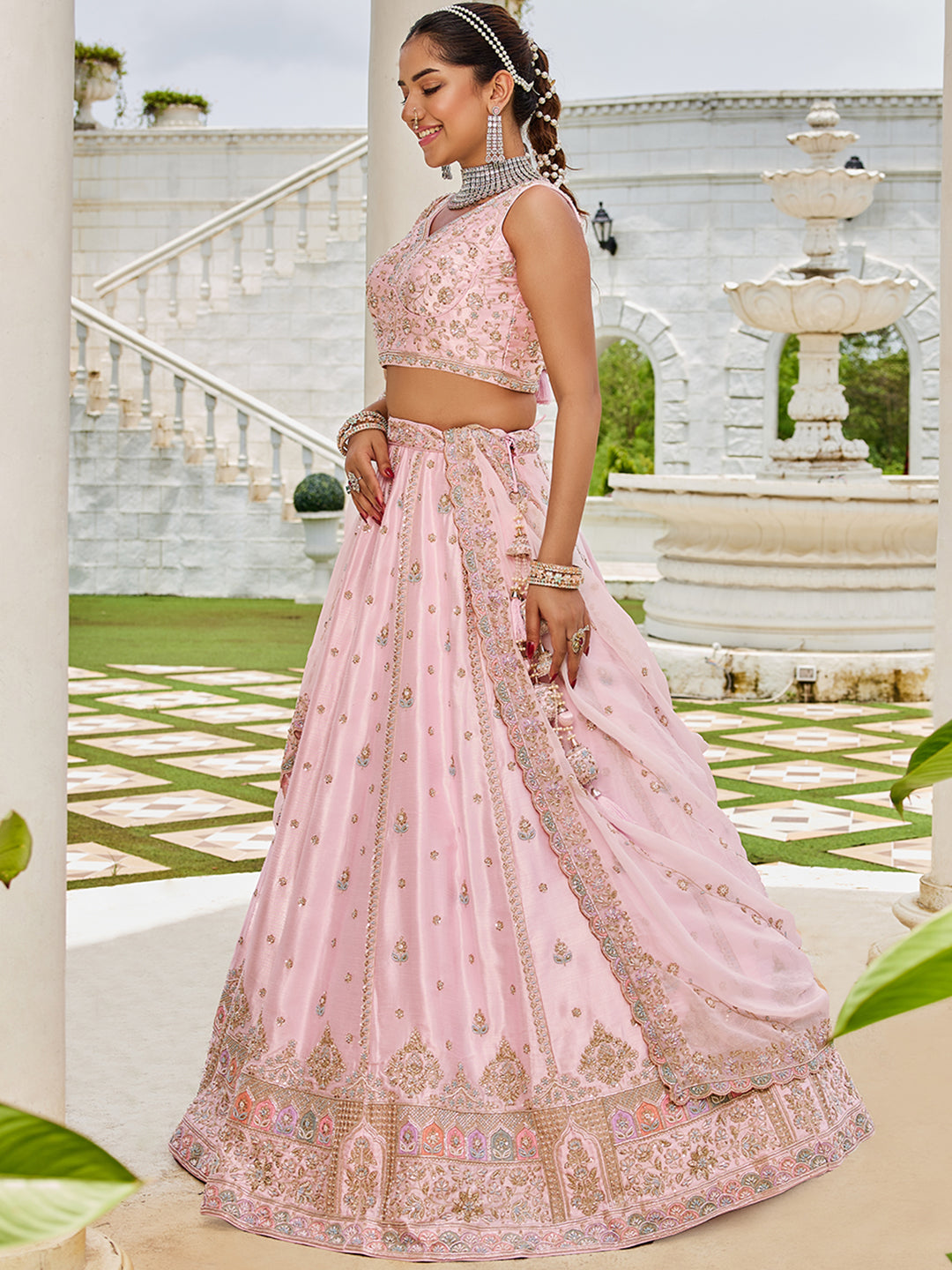 Pink- Silk Fabric Beads & Sequince Embroidered Semi-Stitched Lehenga & Unstitched Blouse With Dupatta - qivii