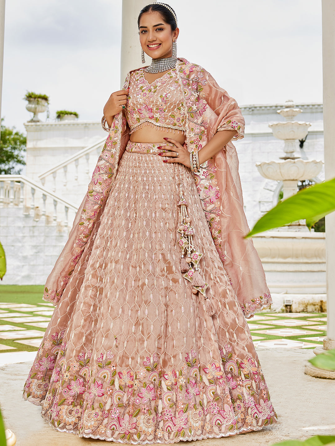 NUDE - Satin Silk Fabric Sequinned Embroidered Ready to Wear Lehenga Choli & Dupatta