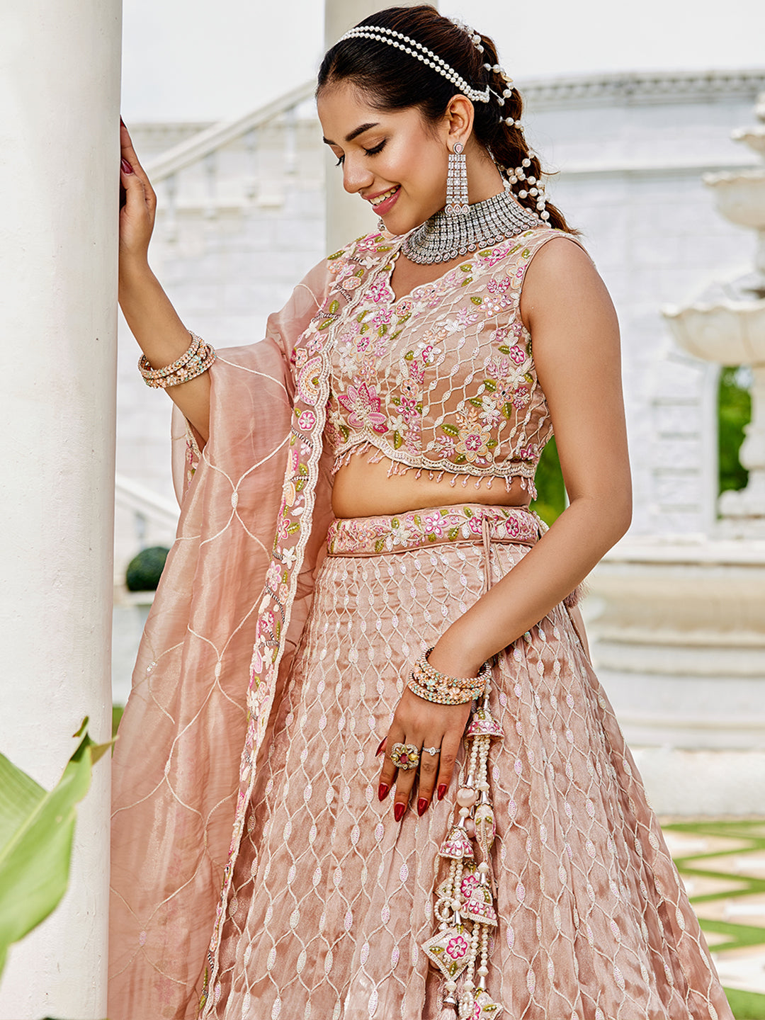 NUDE - Satin Silk Fabric Sequinned Embroidered Ready to Wear Lehenga Choli & Dupatta