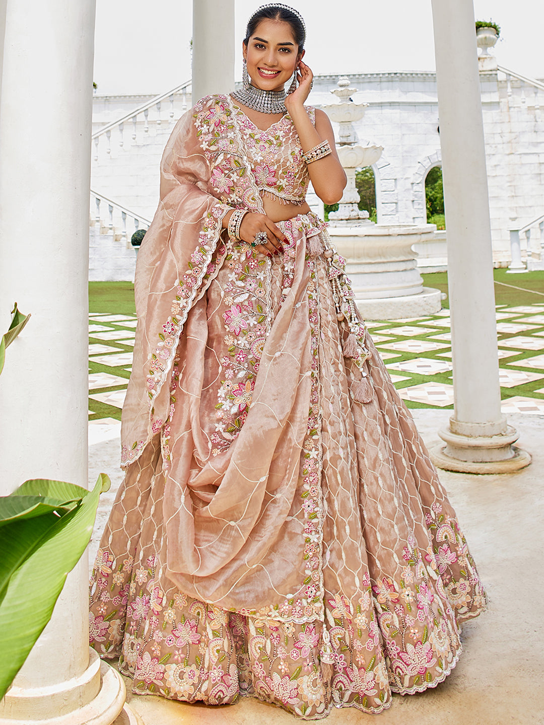 NUDE - Satin Silk Fabric Sequinned Embroidered Ready to Wear Lehenga Choli & Dupatta