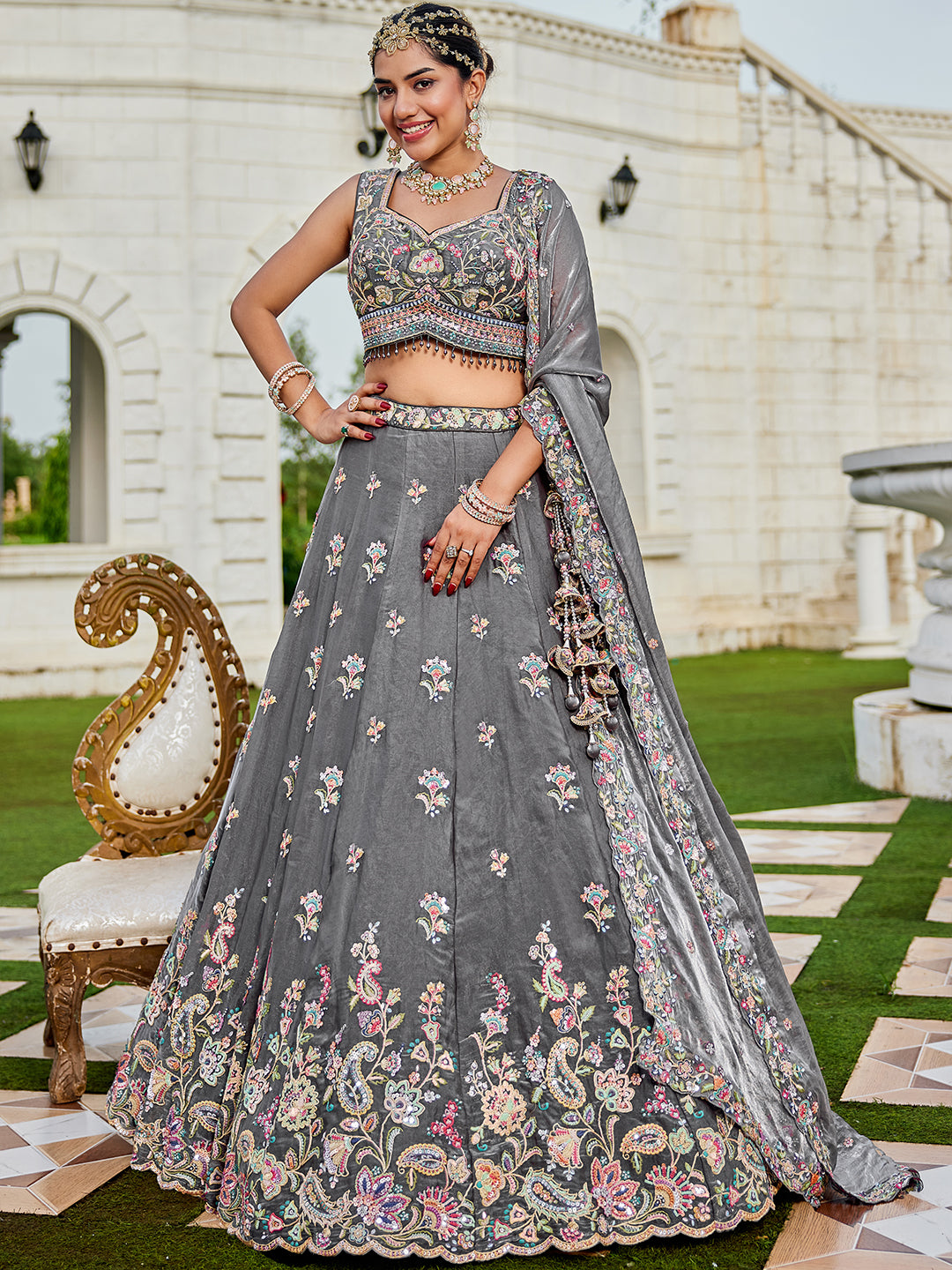 Gray - Tissue Fabric Sequinned Embroidered Ready to Wear Lehenga Choli & Dupatta