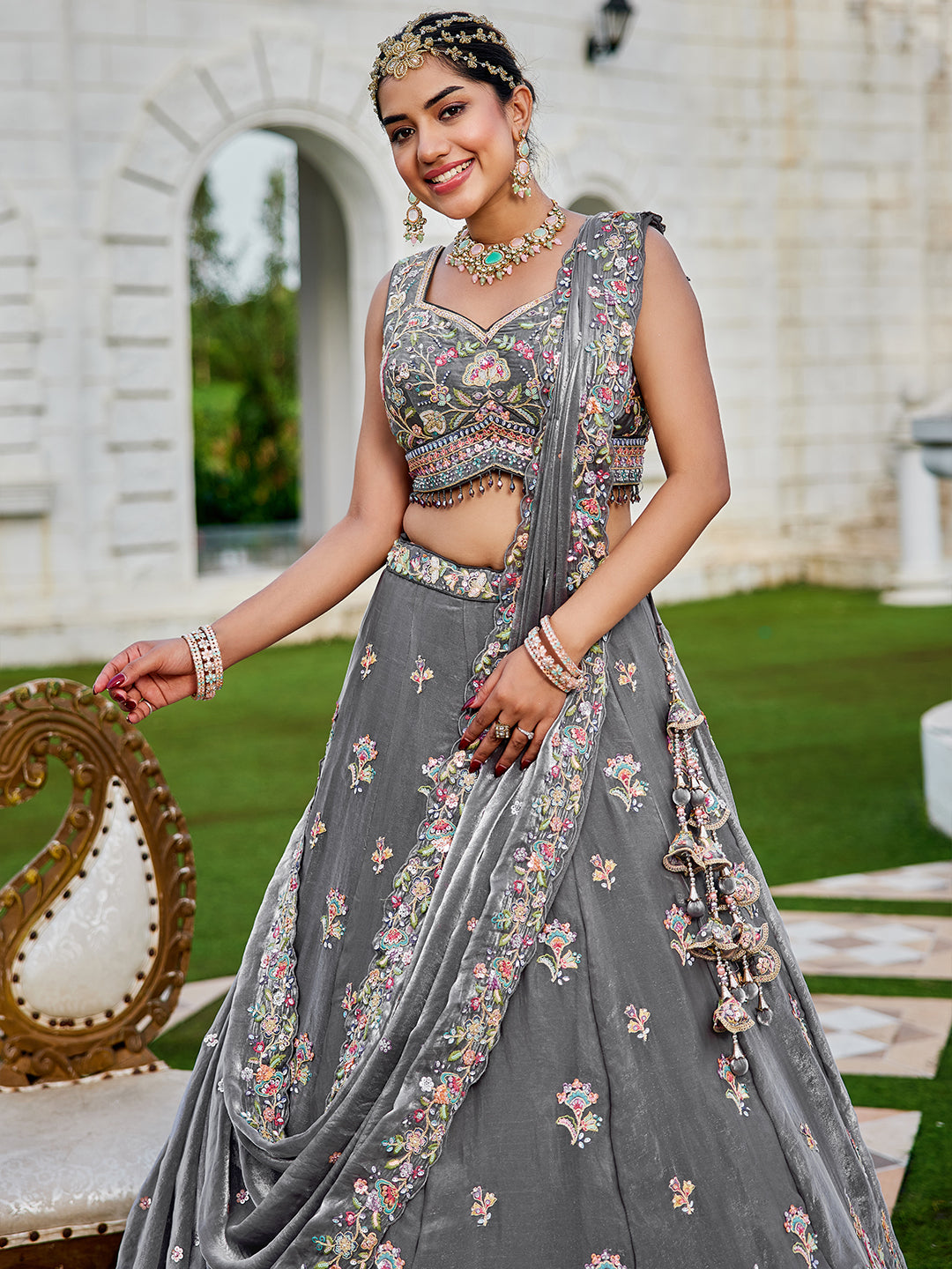 Gray - Tissue Fabric Sequinned Embroidered Ready to Wear Lehenga Choli & Dupatta