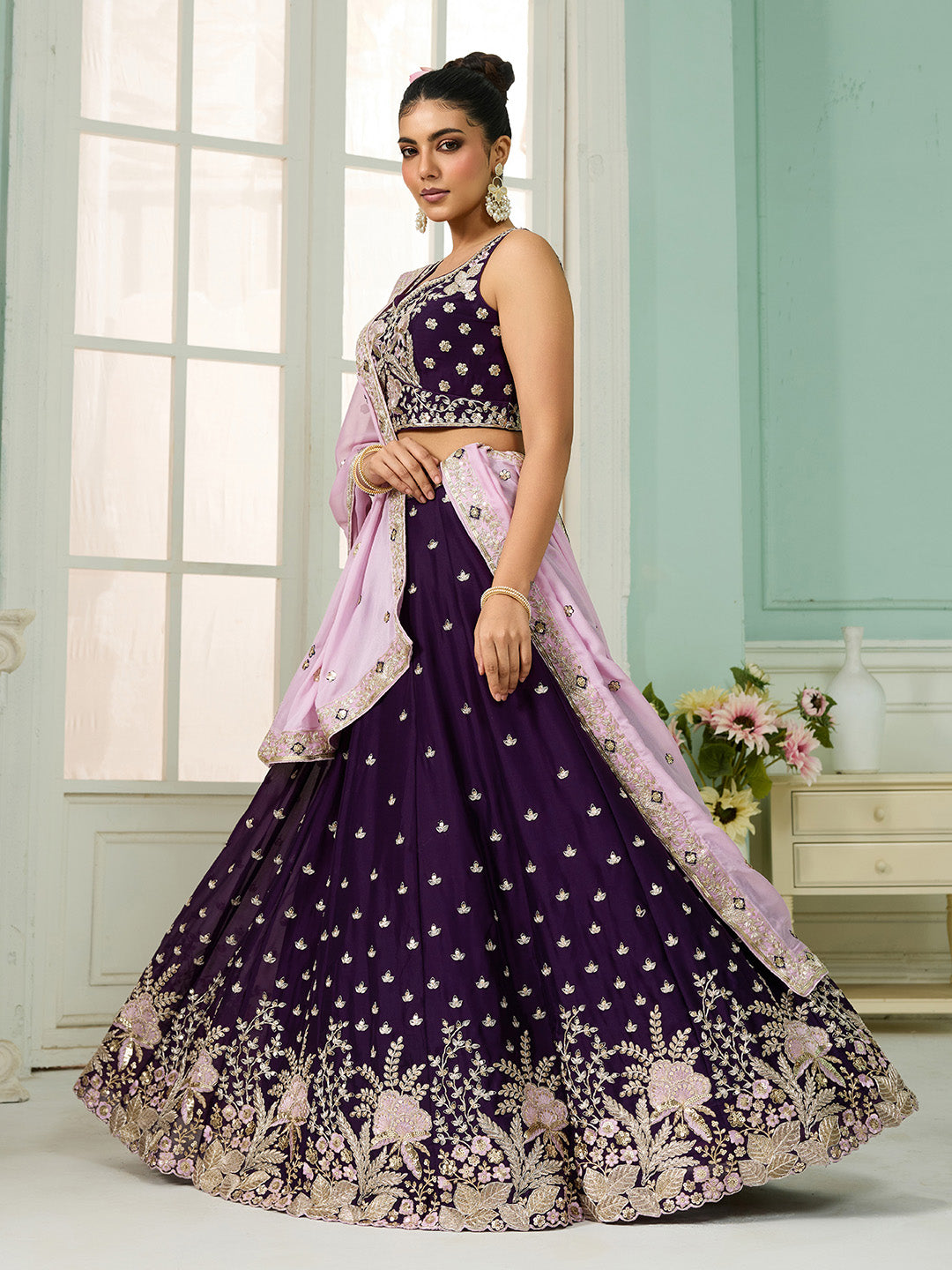 Burgundy- Georgette Fabric Sequins embroidery Semi-Stitched Lehenga & Unstitched Blouse With Dupatta - qivii