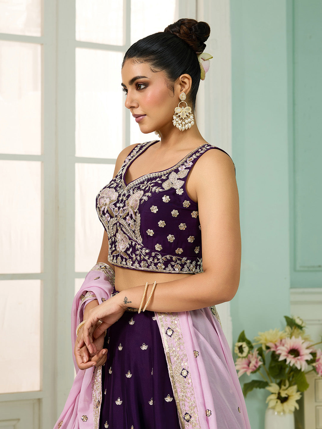 Burgundy- Georgette Fabric Sequins embroidery Semi-Stitched Lehenga & Unstitched Blouse With Dupatta - qivii