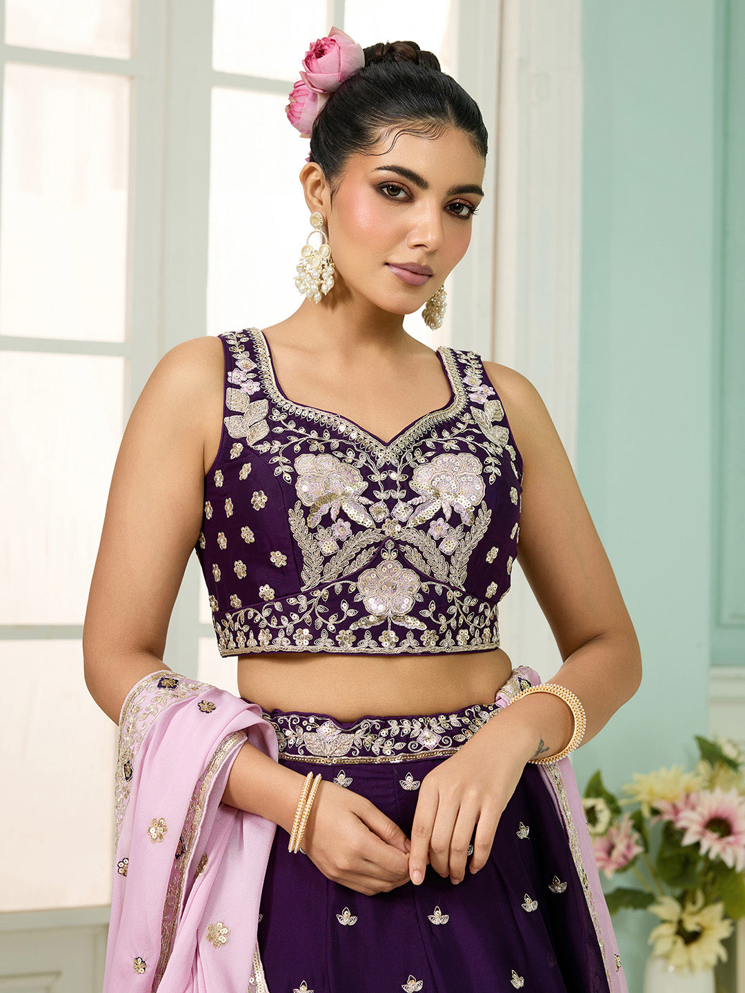 Burgundy- Georgette Fabric Sequins embroidery Semi-Stitched Lehenga & Unstitched Blouse With Dupatta - qivii