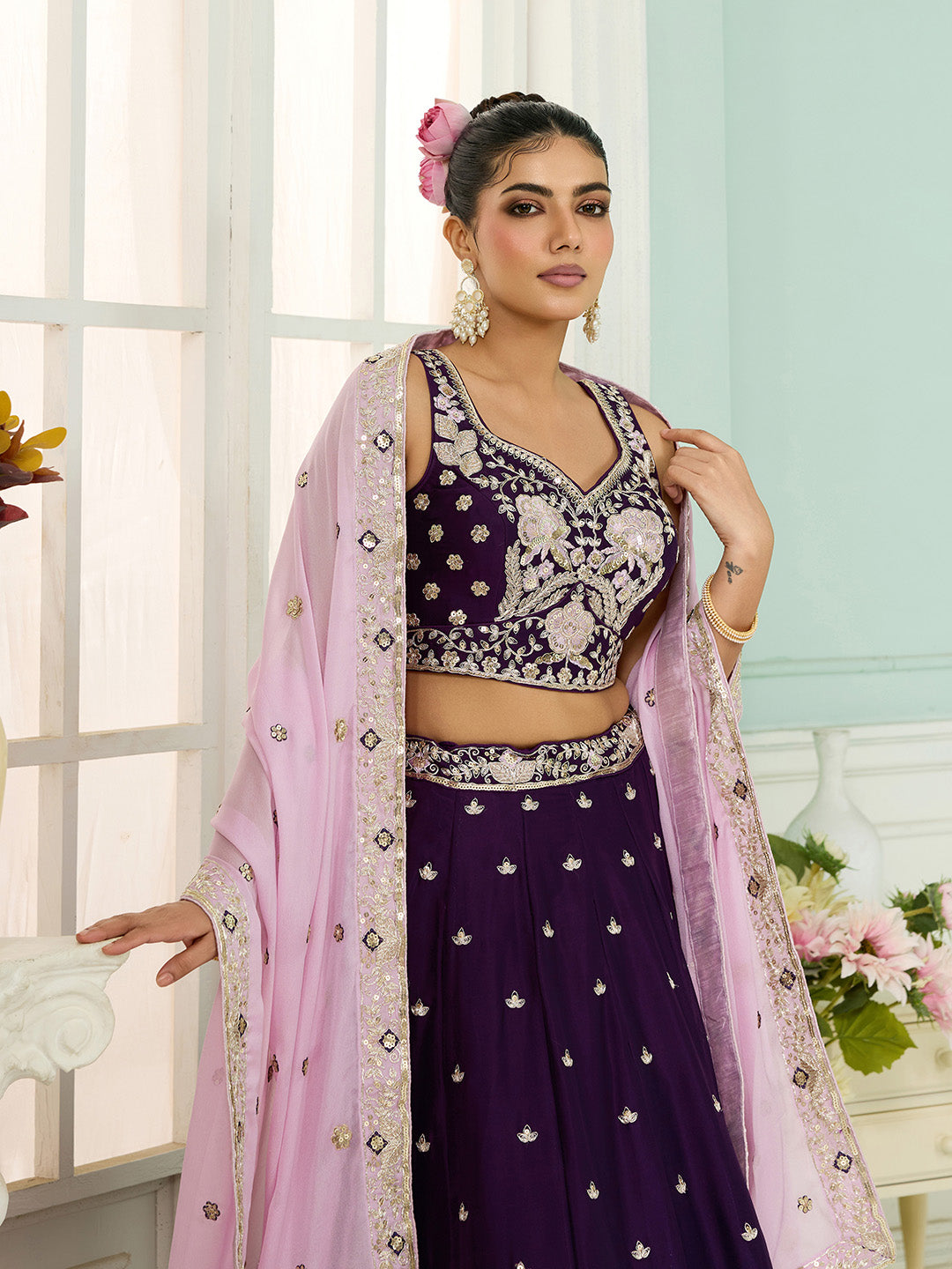 Burgundy- Georgette Fabric Sequins embroidery Semi-Stitched Lehenga & Unstitched Blouse With Dupatta - qivii