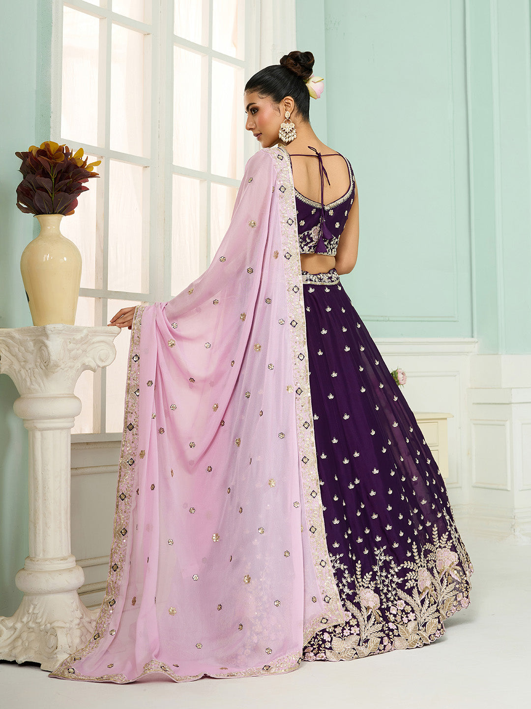 Burgundy- Georgette Fabric Sequins embroidery Semi-Stitched Lehenga & Unstitched Blouse With Dupatta - qivii