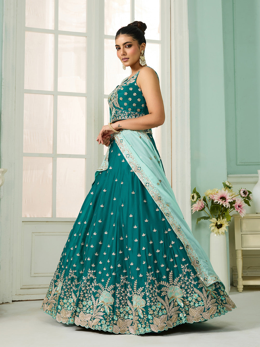 Green- Georgette Fabric Sequins embroidery Semi-Stitched Lehenga & Unstitched Blouse With Dupatta - qivii