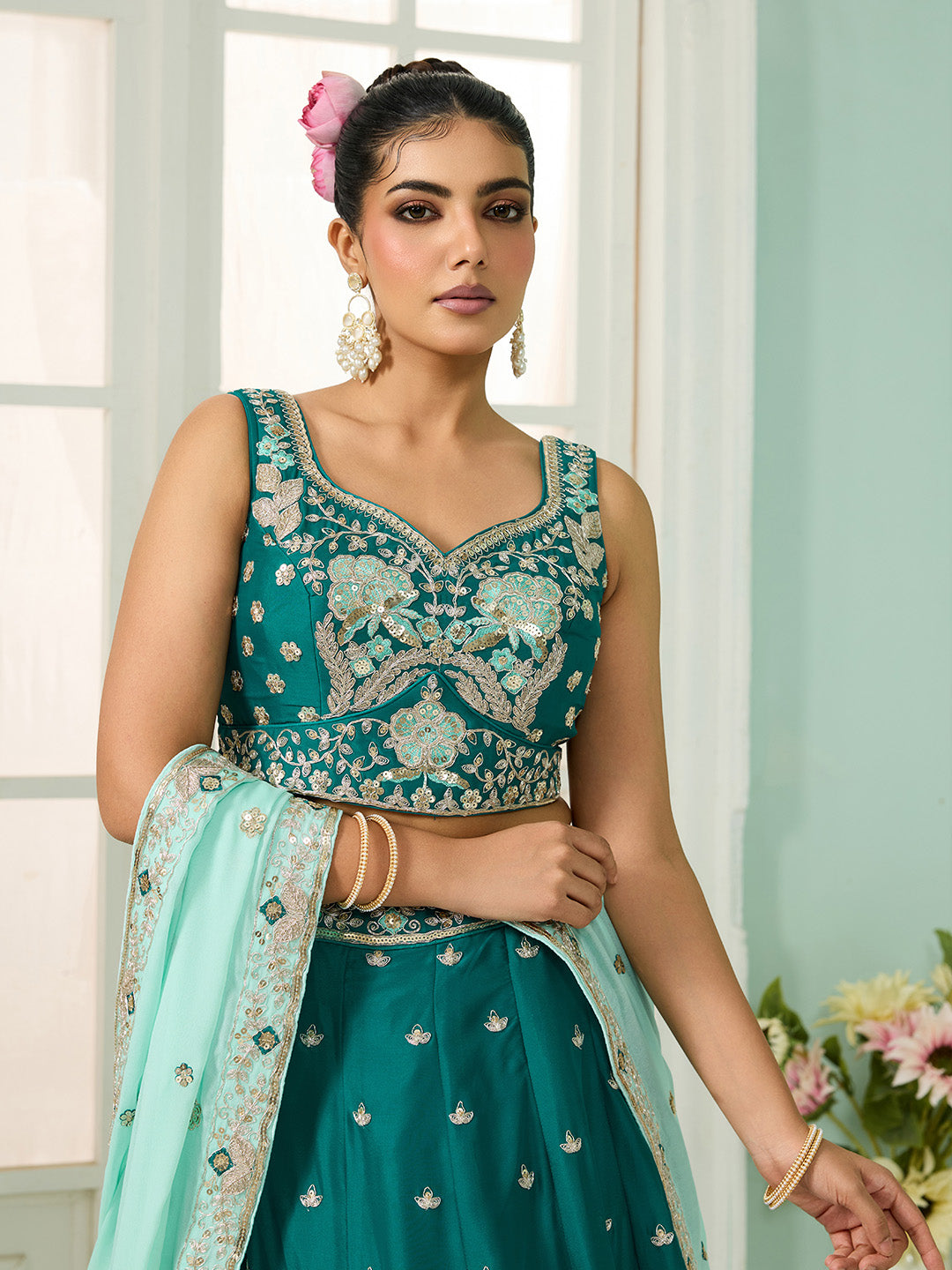 Green- Georgette Fabric Sequins embroidery Semi-Stitched Lehenga & Unstitched Blouse With Dupatta - qivii