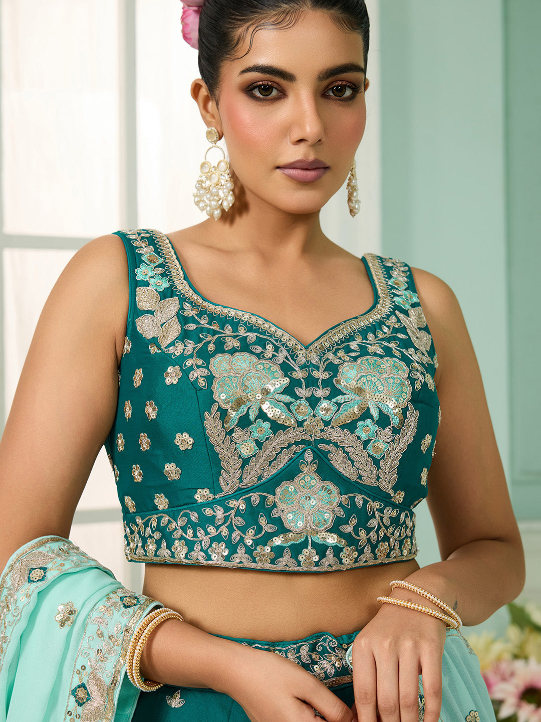 Green- Georgette Fabric Sequins embroidery Semi-Stitched Lehenga & Unstitched Blouse With Dupatta - qivii