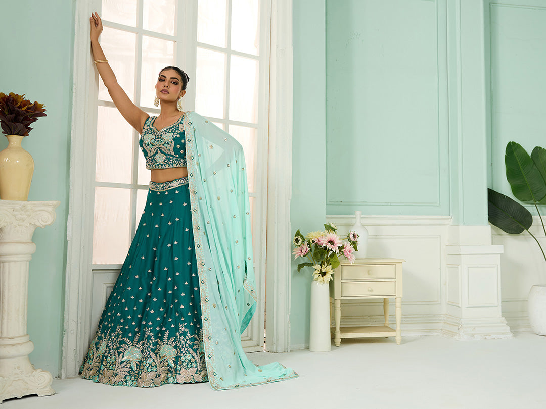 Green- Georgette Fabric Sequins embroidery Semi-Stitched Lehenga & Unstitched Blouse With Dupatta - qivii