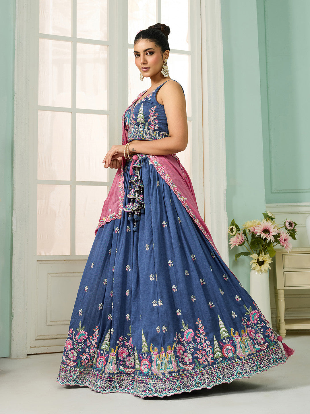 Blue- Silk Fabric Sequins embroidery Semi-Stitched Lehenga & Unstitched Blouse With Dupatta - qivii