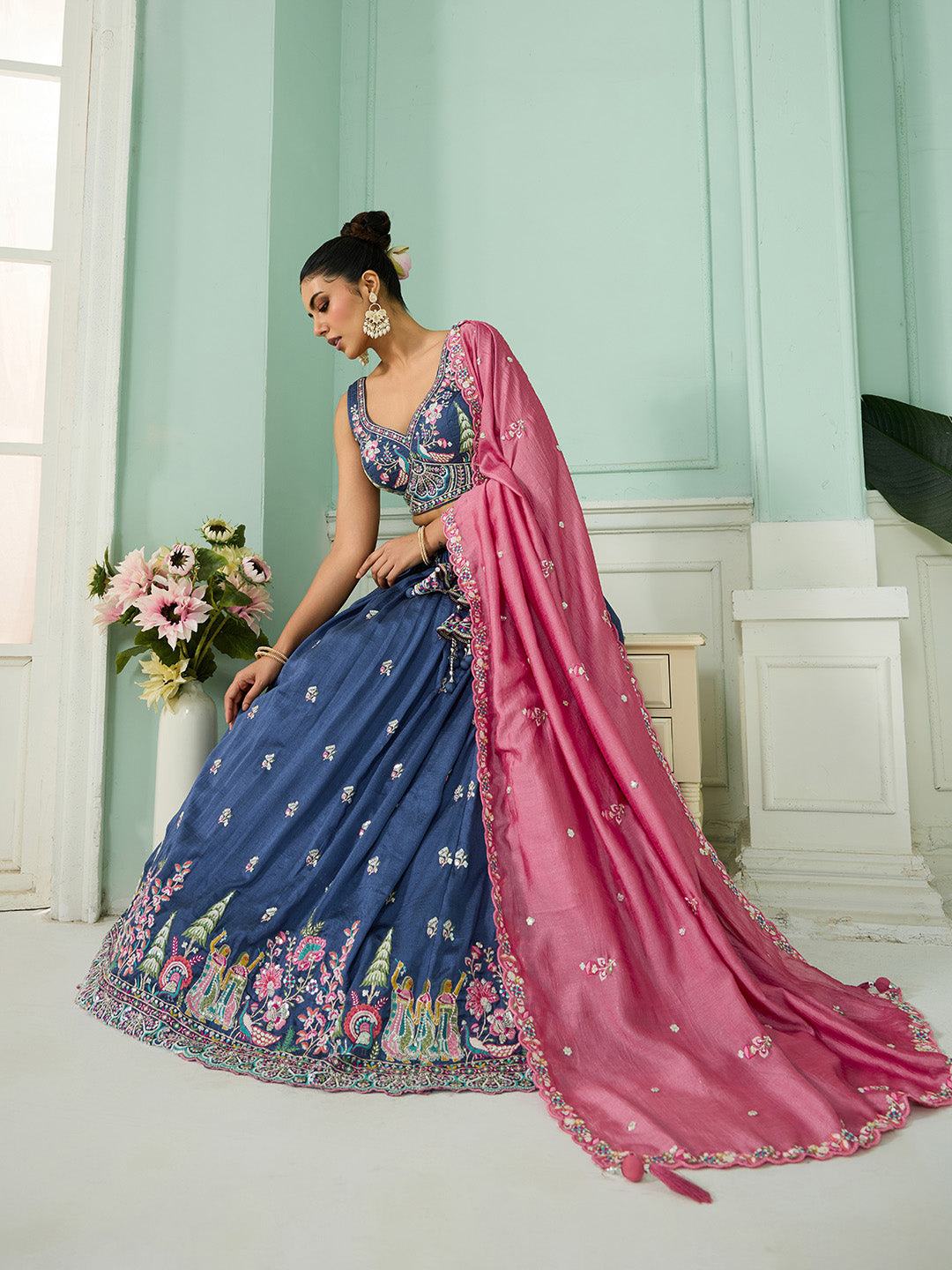 Blue- Silk Fabric Sequins embroidery Semi-Stitched Lehenga & Unstitched Blouse With Dupatta - qivii