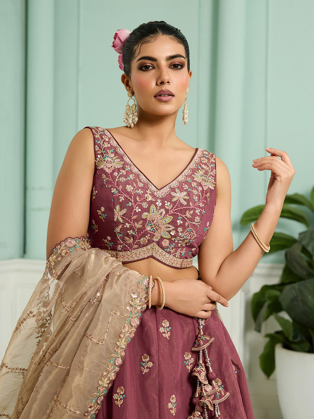 Rosegold- Georgette Fabric Sequins embroidery Semi-Stitched Lehenga & Unstitched Blouse With Dupatta - qivii
