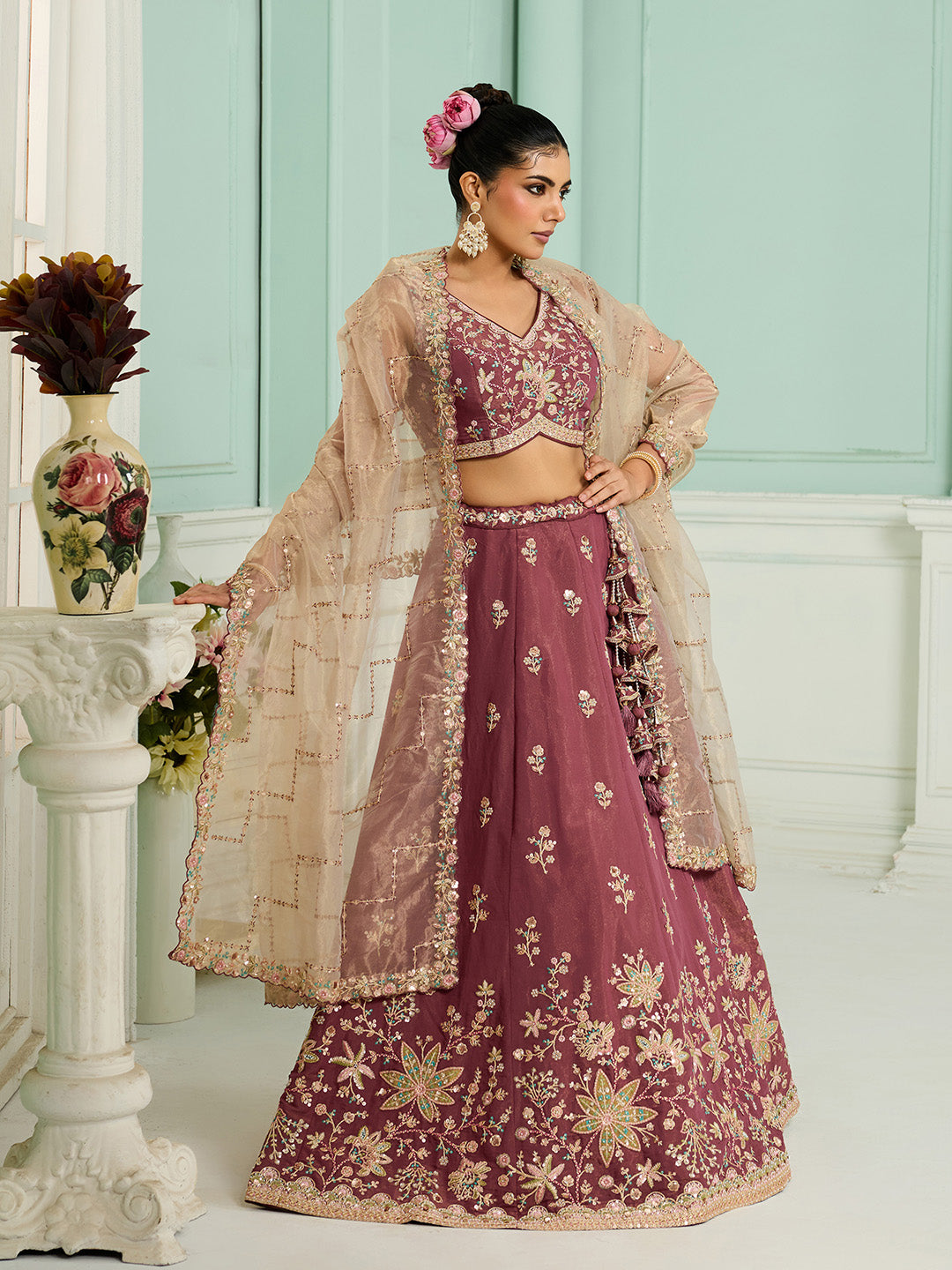 Rosegold- Georgette Fabric Sequins embroidery Semi-Stitched Lehenga & Unstitched Blouse With Dupatta - qivii