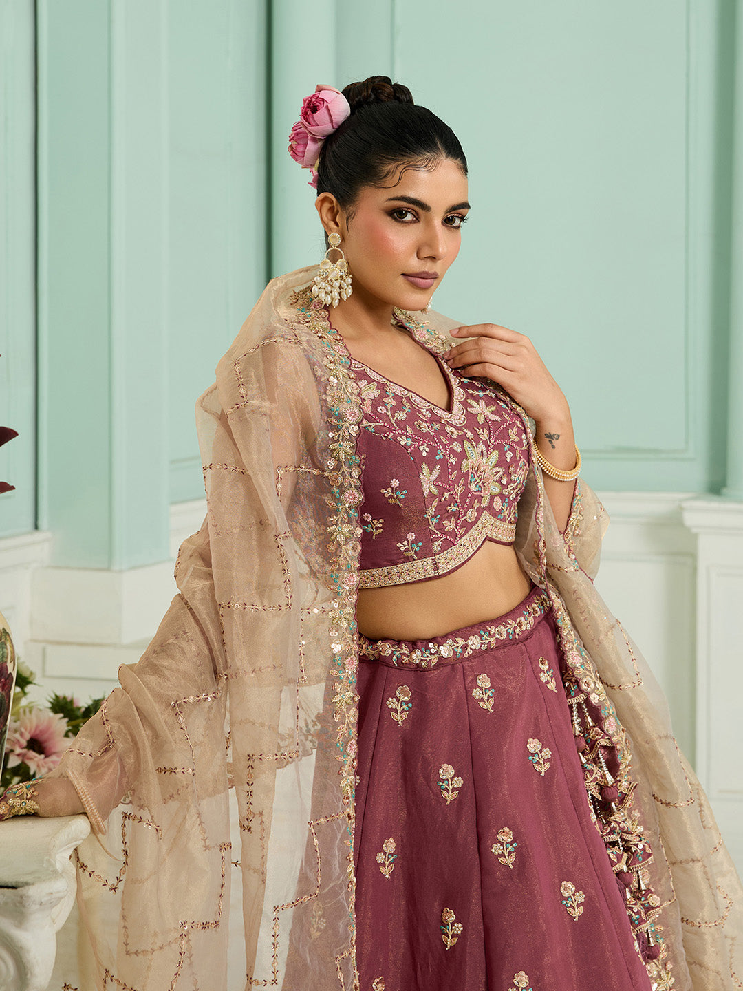 Rosegold- Georgette Fabric Sequins embroidery Semi-Stitched Lehenga & Unstitched Blouse With Dupatta - qivii